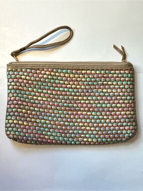 Vintage 80s Multicoloured Pastels Woven Wristlet Clutch with Tan Trim
